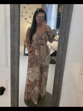 BUCKETLIST Strapless Patchwork Paisley Maxi Dress in Beige and Brown